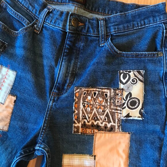 Upcycled Boho Patchwork Jeans, Women's Size 10: Coffee-Inspired Hippie Pants - Picture 10 of 15